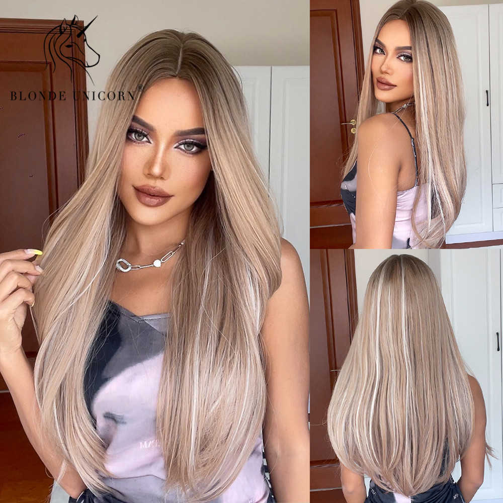 Spetsspärrar blond enhörning syntetisk lång rak brun blond peruk med höjdpunkt cosplay halloween peruker för kvinnor värmebeständigt fiber z0613