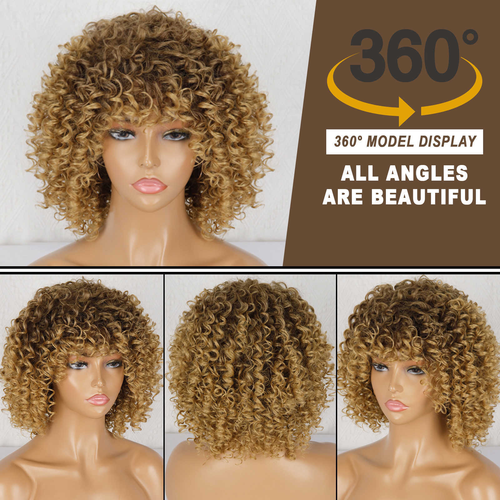 Lace Wigs Kort Krullend Blonde Pruik Voor Zwarte Vrouwen Afro Kinky Krullend Pruik Met Pony Synthetische Natuurlijke Lijmloze Ombre bruin Blond Cosplay Pruik Z0613