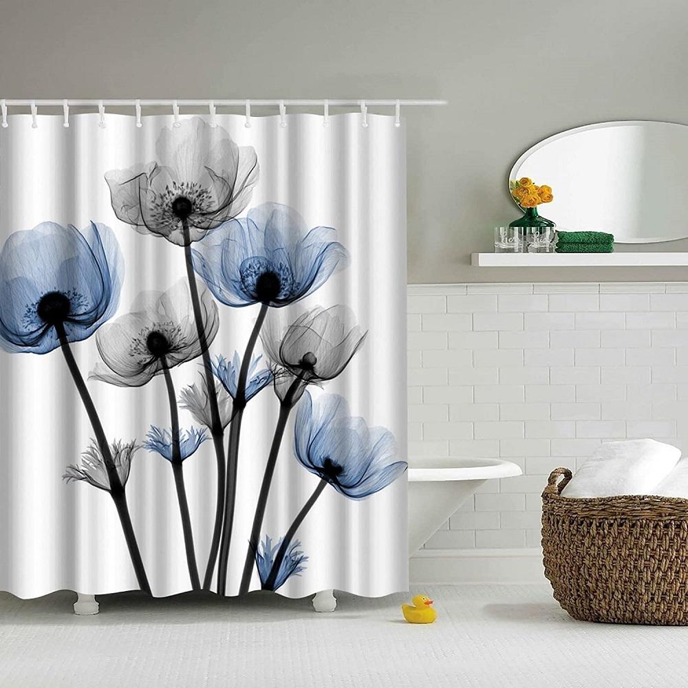 Cortinas de chuveiro flor tulipa azul roxo tulipa floral planta flores padrão tecido à prova d'água banheiro com ganchos cortinas de banho