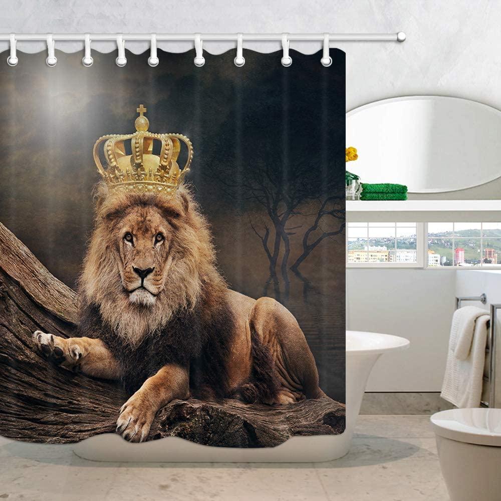 Cortinas de chuveiro de animais, gato grande, leão com coroa, tecido de poliéster, forro de banheiro, conjunto com ganchos, cortinas de banheira