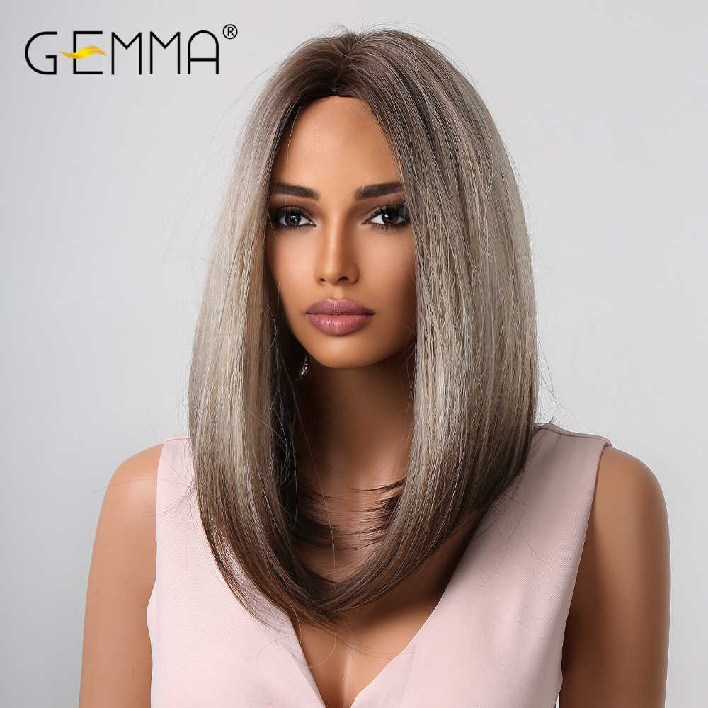 Perucas de renda GEMMA longas retas perucas sintéticas para mulheres Omber Brown Platinum Destaque peruca com raízes escuras Cosplay cabelo resistente ao calor Z0613