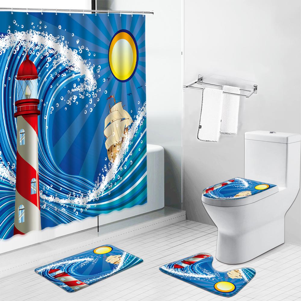 Rideaux Dessin animé vagues de mer voilier Navigation rideaux de douche ensemble océan paysage phare antidérapant couverture de toilette tapis de bain décor de salle de bain