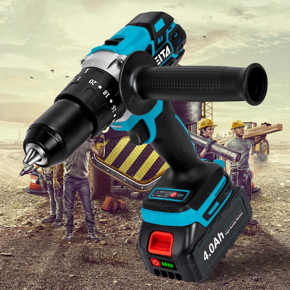 Boormachine 3 en 1 Motor sans balais Impact Drill 21V Tournevis sans fil d'alimentation avec une batterie au lithium 3,0h