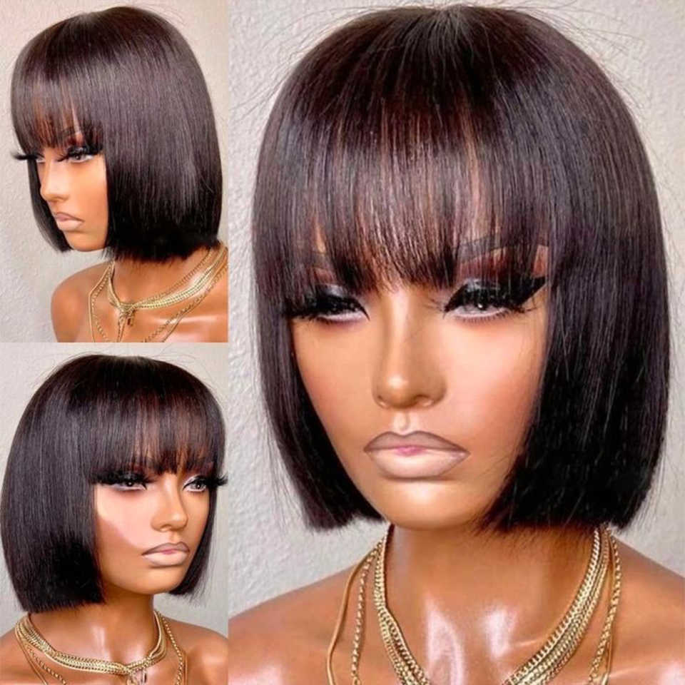 Lace Wigs Brazilian Human Hair Wig with Bangs Remy Straight Hair Bob Wigs Full Machine Made Wig for Women 8-16 Inches No Lace Bob Wigs Z0613