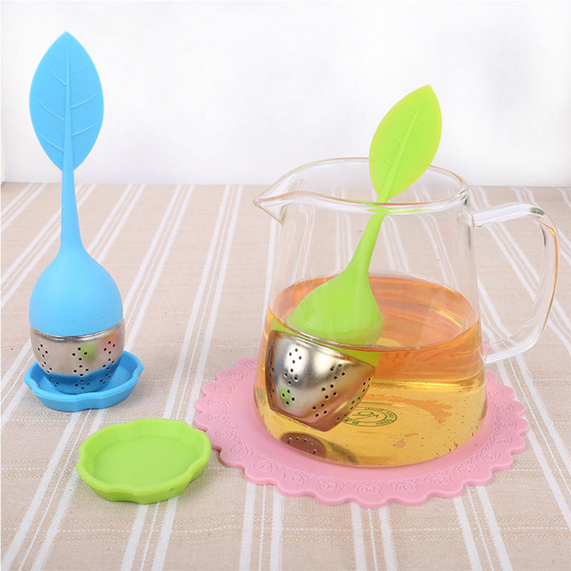 Yeniden kullanılabilir gıda sınıfı silikon sap paslanmaz çelik süzgeç yaprağı şekilli gevşek çay infüzer filtre çay süzgeç dikey w0040