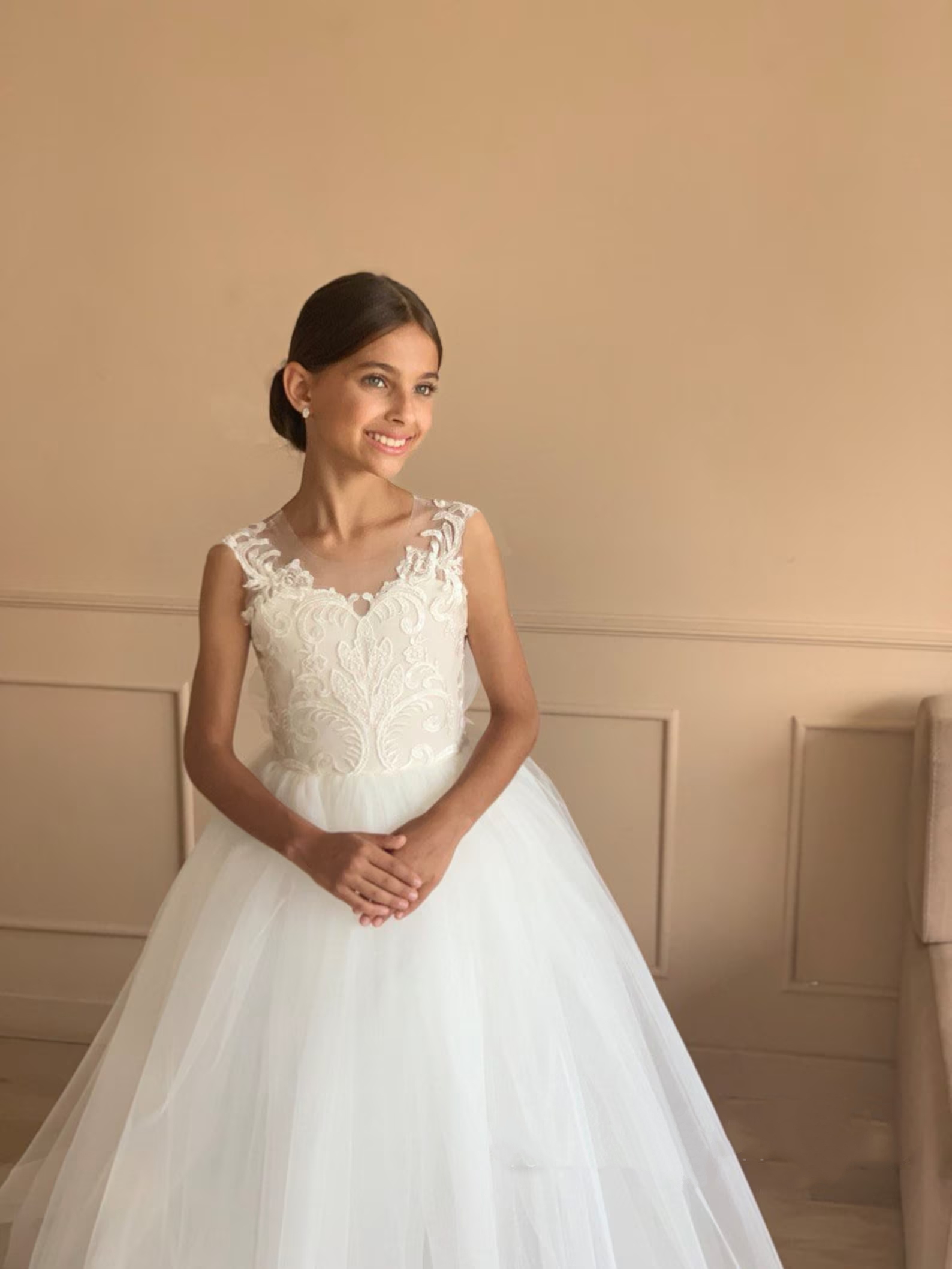 Boho Blumenmädchenkleid 2024 Tutu Elfenbein Tüll Spitze Ballkleid Erstkommunion Kleid Kleines Kind Säugling Kleinkind Taufe Junior Brautjungfer Hochzeitsgast