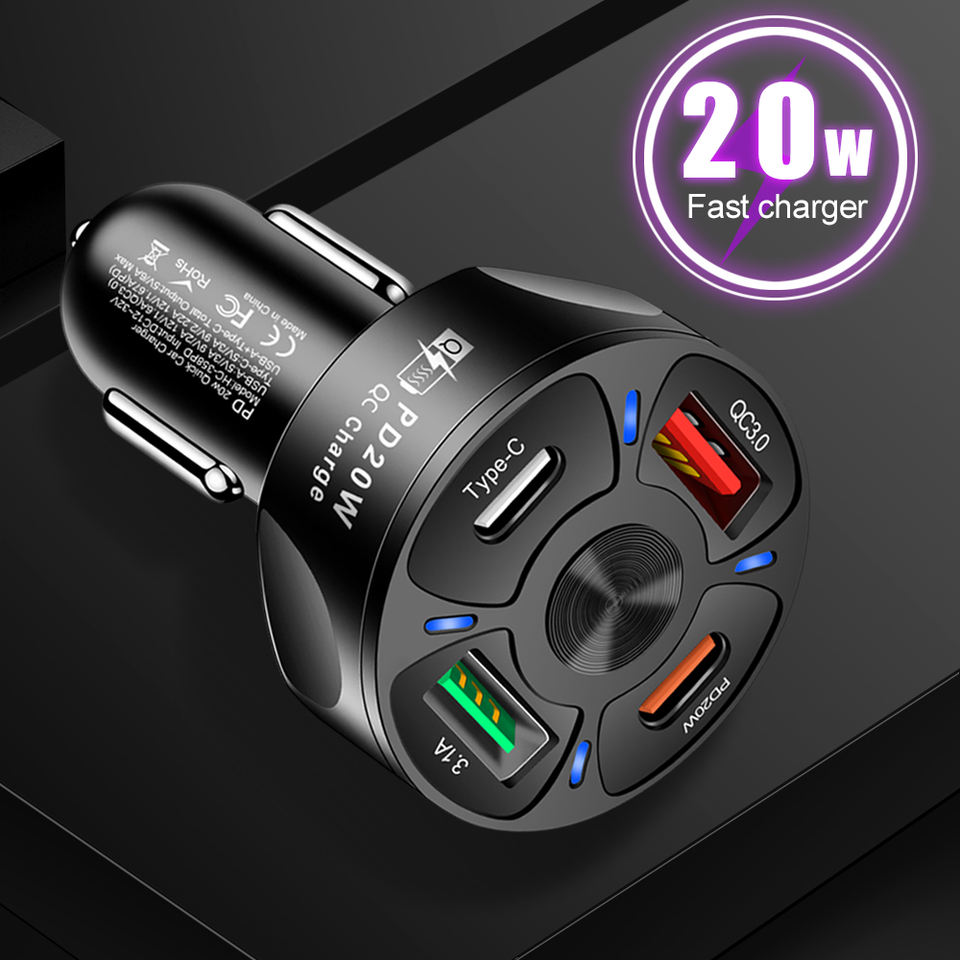 2 USB 2 PD adaptateur de charge rapide de voiture multi-ports Portable PD20W QC3.0 chargeur de téléphone de voiture USB avec affichage à LED