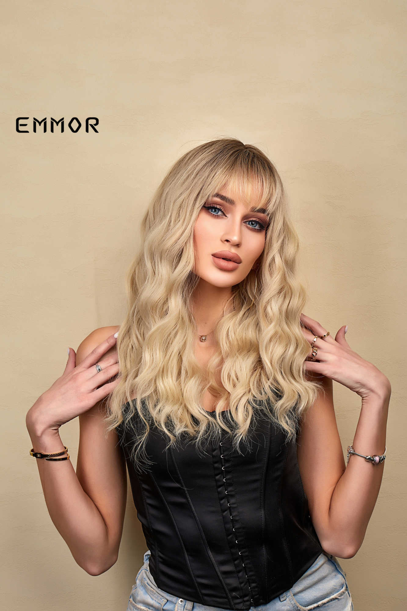 Koronkowe peruki Emmor Syntetyczny ombre brązowy do lekkiej blond fryzury peruka z grzywką naturalną falującą perukę dla kobiet odpornych na błonnik peruki