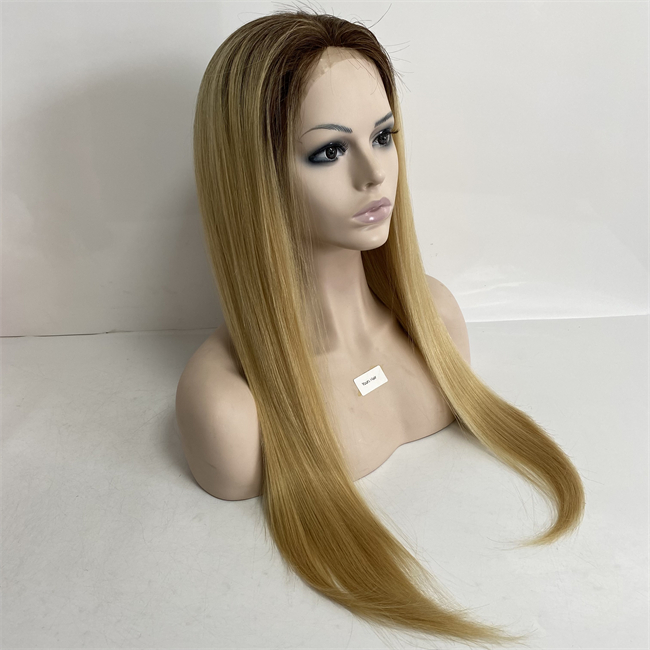 22 inches Indian Virgin Human Hair Ombre Color #4 T #613 Silky Straight 150% Density Full PU Wig for White Woman