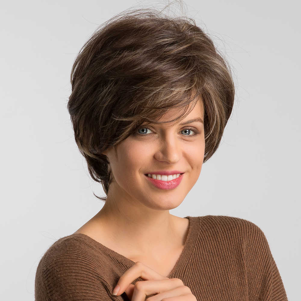 Lace Wigs ALAN EATON Korte Bruine Highlight Pruiken voor Vrouwen Pixie Cut Synthetische Pruiken met Pony voor Zwarte Vrouwen Hoge Temperatuur Dagelijks Haar Z0613