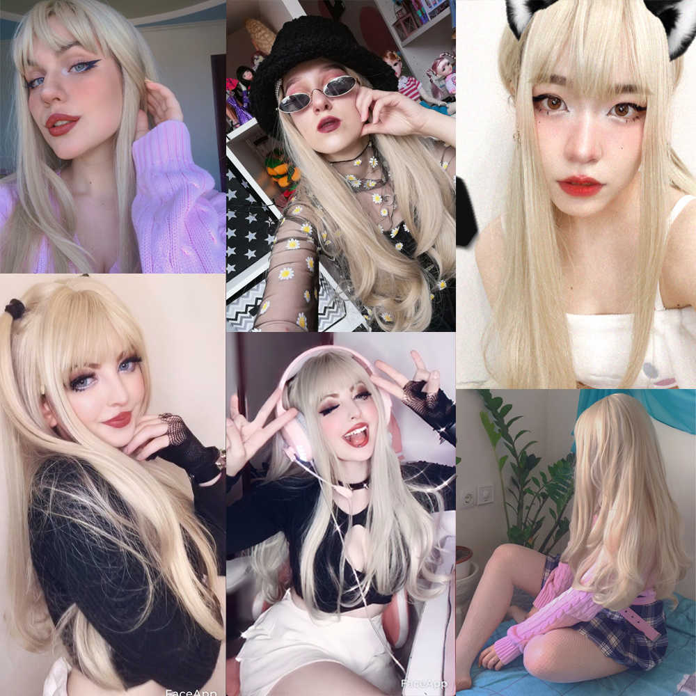 Spetsar peruker Henry Margu Long Natural Wavy Platinum Blonde Wigs With Bangs Cosplay Party Lolita Syntetiska peruker för kvinnor Värmesbeständig fiber Z0613