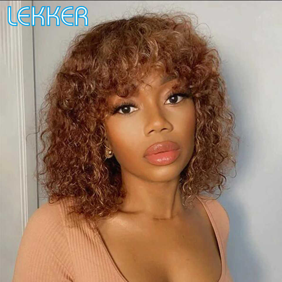 Lace Wigs Lekker Gekleurde Korte Afro Kinky Krullend Bob Menselijk Haar Pony Pruik Voor Vrouwen Braziliaanse Remy Haar Ombre Bruin losse Diepe Golvend Pruiken Z0613