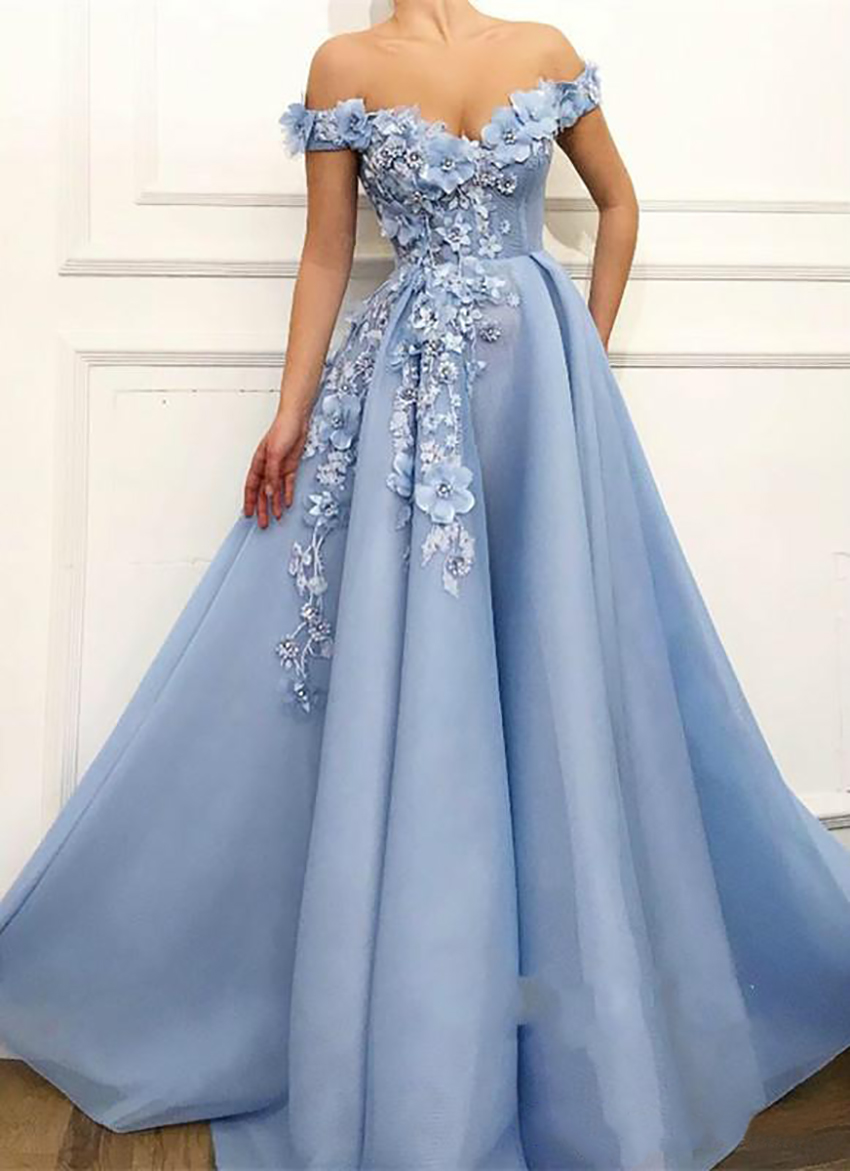 2023 Elegant Prom Dresses Lace 3D Floral Appliqued Pearls Evening Dress A Line Off The Shoulder Custom Made Special Occasion Gowns