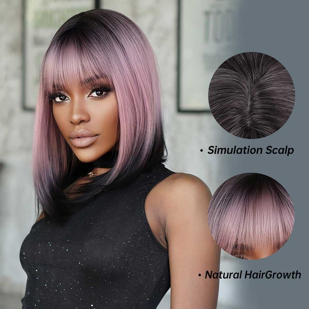 Perruques en dentelle Violet Rose Ombre Noir Court Droite Perruques Synthétiques avec Frange Bob Perruque pour Femmes Quotidien Cosplay Partie Résistant À La Chaleur Faux Cheveux Z0613