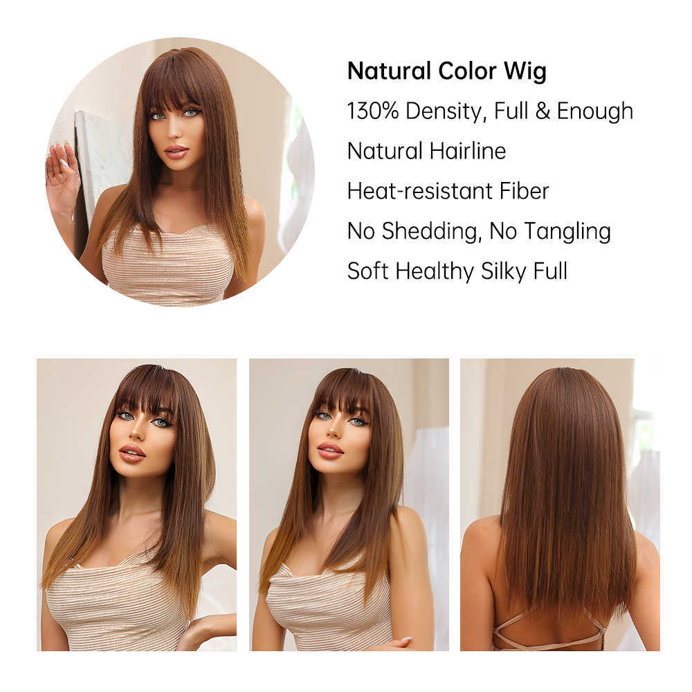 Koronkowe peruki Średnie brązowe na proste syntetyczne peruki włosy z grzywką cosplay codziennie tępe krojone warstwowe włosy dla kobiet odpornych na ciepło Z0613