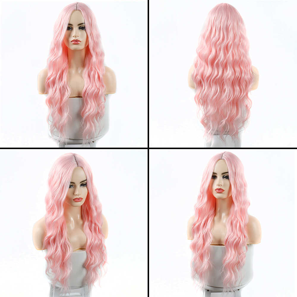 Spetsspärrar azqueen syntetiska peruk för kvinnor långa rosa peruker vatten våg värmebeständig mellersta del naturligt hår peruk cosplay peruker z0613