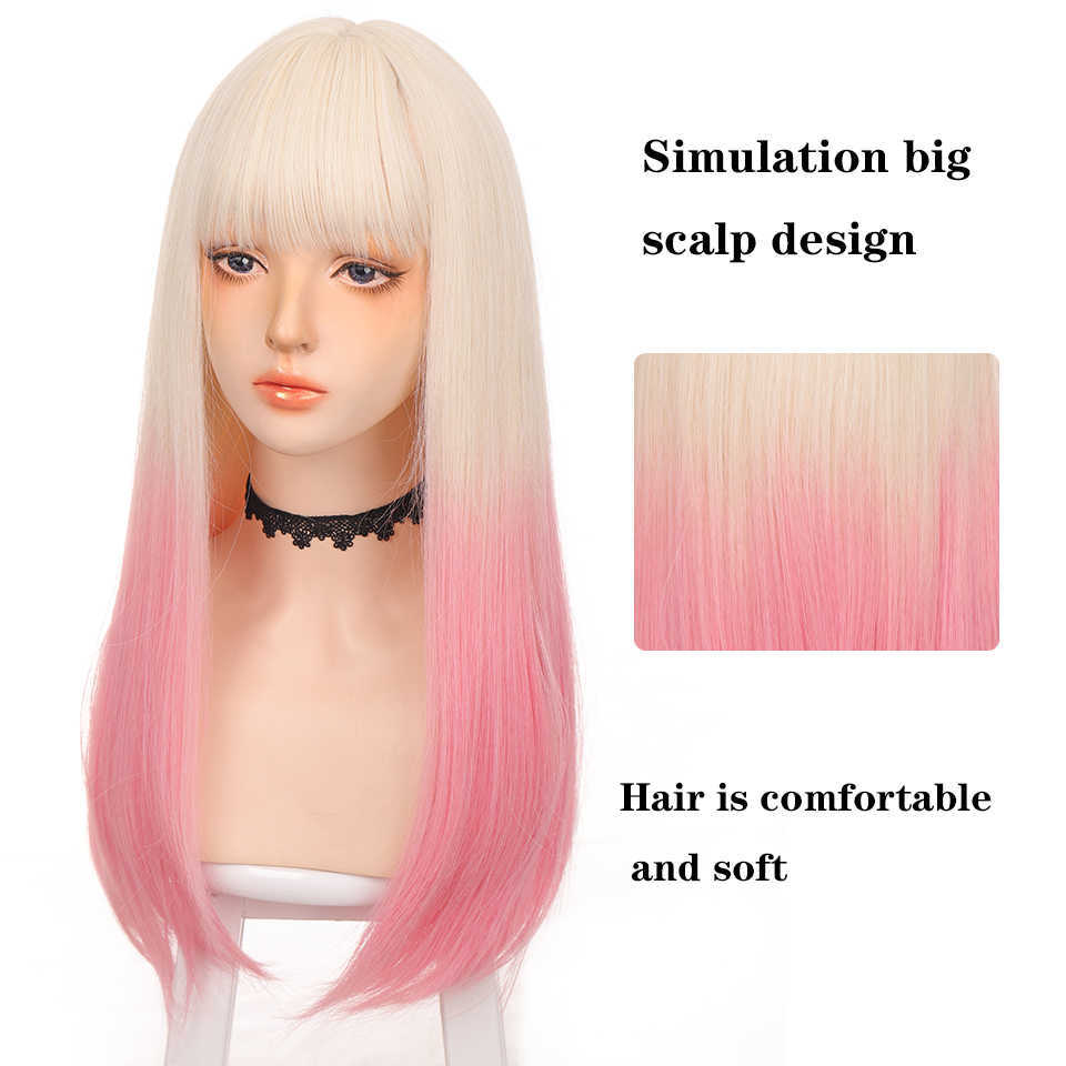 Koronkowe peruki Houyan długie proste włosy syntetyczna dziewczyna różowa biała gradient grzywki cosplay lolita impreza odporna na ciepło peruki z0613