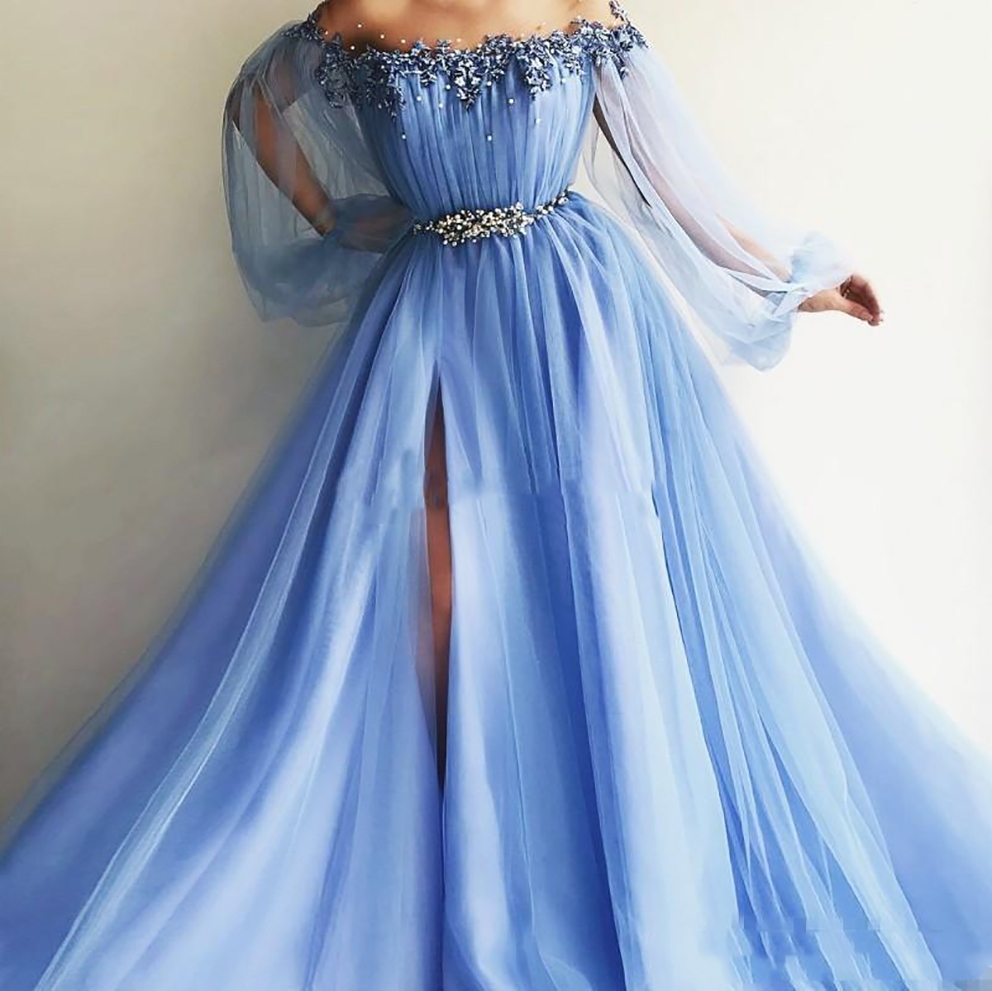 2023 Fairy Sky Blue Prom Dresses Appliques Pearl A Line Jewel Poet Long Sleeves Formal Evening Gowns Front Split Plus Size vestidos de fiest