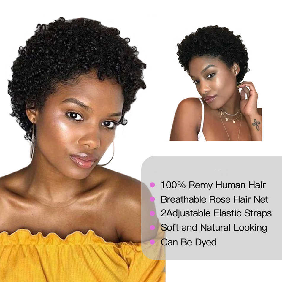 Perucas de renda perucas crespas encaracoladas perucas curtas para mulheres negras cabelo humano perucas de cabelo humano encaracolado brasileiras completas feitas à máquina peruca de corte pixie sem cola Z0613