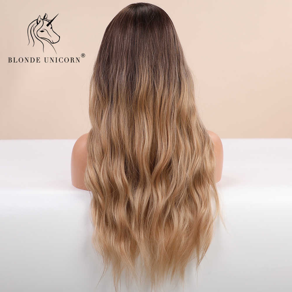 Lace Wigs Blonde Unicorn Synthetic Wig Ombre Blonde Brown Long Wigs Middle Part Hair Wig Daily Natural Wavy Heat Resistant Fiber for Women Z0613