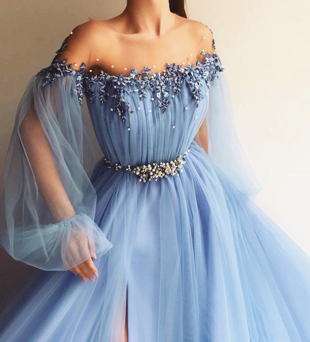 어깨에 이브닝 드레스 2023 퍼프 슬리브 아플리케 구슬로 분할 가벼운 하늘 파란 파티 가운 라벤더 댄스 파티 드레스 가운