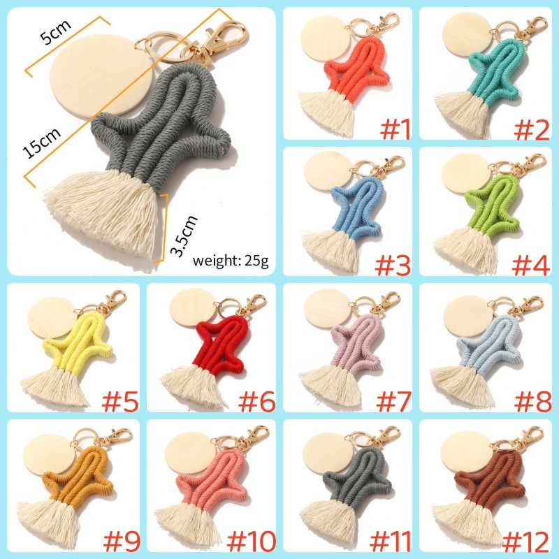 Party Favor Creative Cactus Tassel KeyChain Pendant DIY Blank Wood Chip flätade Woven Keychains Bagage Decoration Hängen Key Ring Gifts Q191