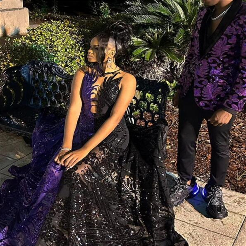 Luxury Sequin Prom Dress Black With Purple 2023 Elegant Mermaid Black Girls Evening Gowns Plus Size Glitter Formal Occasion Wear robe de soiree vestido de noche