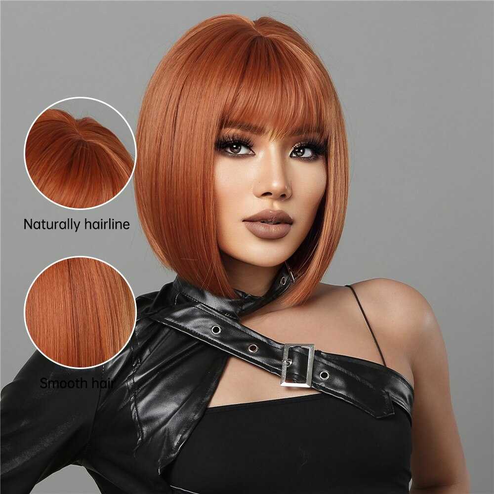 Lace Wigs Ginger Bob Perruques Pour Femmes Courtes Orange Bob Perruques Avec Une Frange Plate Cheveux Synthétiques Résistant À La Chaleur Z0613