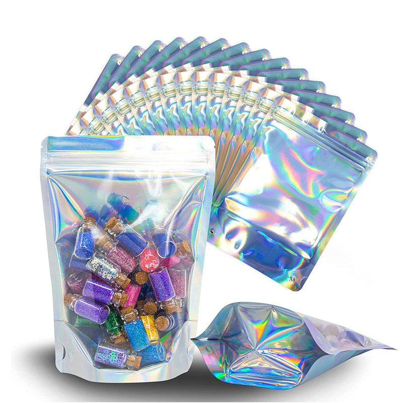 Holografische hersluitbare Mylar-zakjes Geurbestendig Heat Sealable Stand Up Pouches - Gebruik voor feestartikelen Candy Gift