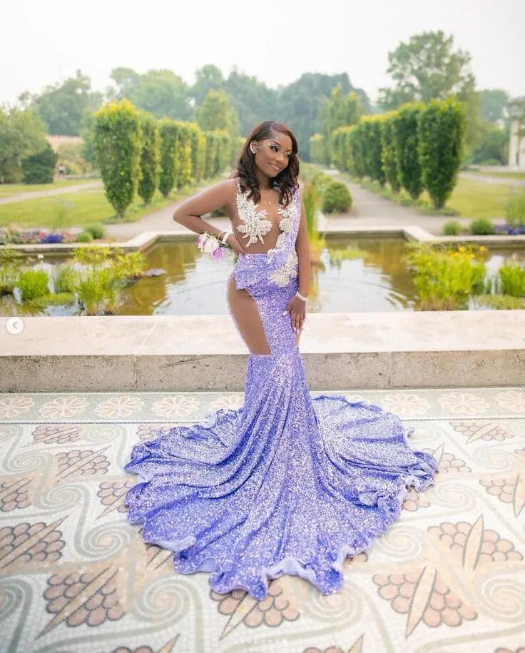 Lilac Sequins Mermaid Aso Ebi Prom Party Dresses For Black Girl Sheer Neck Plus Size Beaded Evening Occasion Gowns 2023