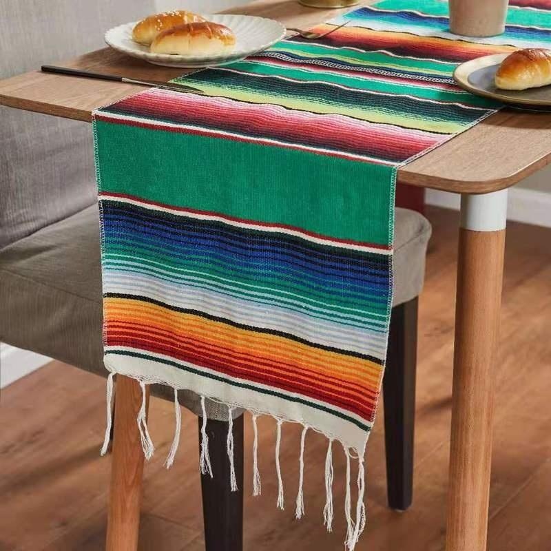 Manta de sarape mexicano, mantel a rayas de colores, decoración de México, camino de mesa, cubierta de mesa de algodón para fiesta