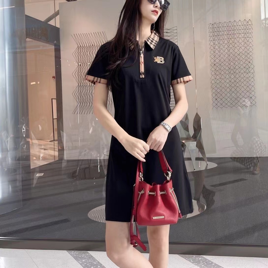 Polo collar plus-size dress women`s new summer short sleeve mid-length plaid color block T-shirt polo collar skirt S-2XL