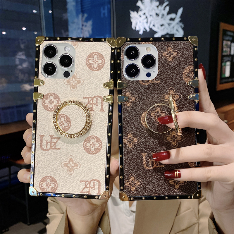 Luxury Retro Flower Print Leather Vogue Phone Case for iPhone 14 13 12 Pro Max Samsung Galaxy S23 Ultra S22 Plus A13 5G A33 A53 A73 Slim Ring Holder Square Plating Shell