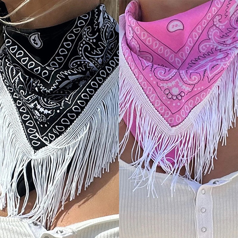 Cowgirl Bandana Shawl Vrouwen Bachelorette Bandana Kwastje Trim Hoofd Sjaal Cashew Patroon Hip Hop Omzoomd Bandana Halsdoek