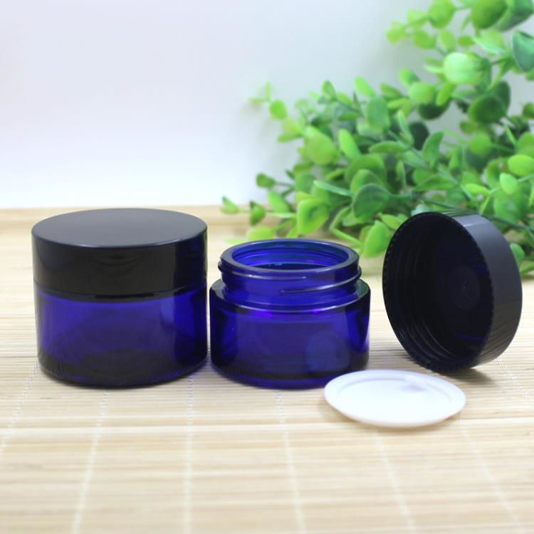 15 30 50ML Cobalt Blue Cosmetische ronde glazen crèmepotten met binnenvoeringen en zwarte deksels Containers voor aromatherapiebalsems Lotionscontainer SN4392