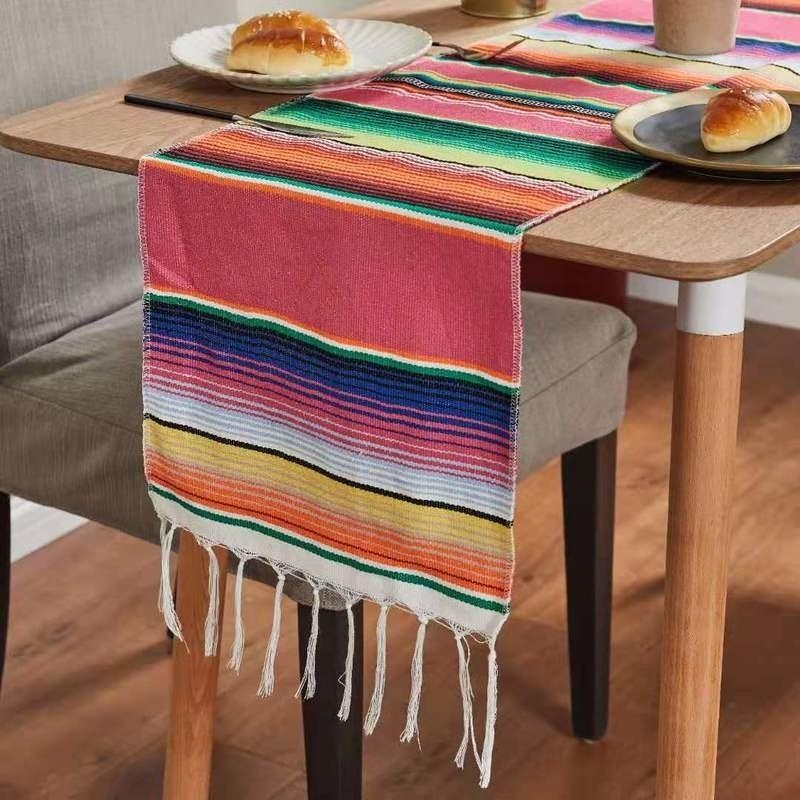 Manta de sarape mexicano, mantel a rayas de colores, decoración de México, camino de mesa, cubierta de mesa de algodón para fiesta