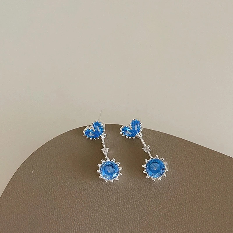 Mignon coeur bleu zircone petites boucles d'oreilles goutte pour les femmes Style coréen délicat Simple nouveaux Bijoux Bijoux