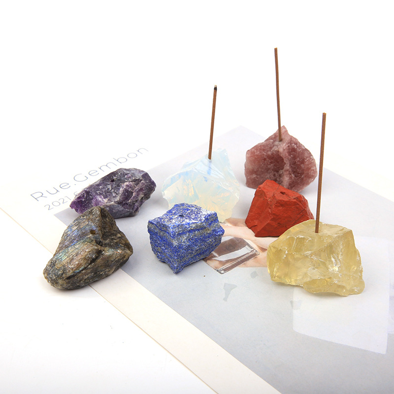 Natural Healing Raw Stone Incense Tray Gems Stick Base Holder Fragrant Plug Fluorite Amethyst Clear Quartz Fengshui Charms