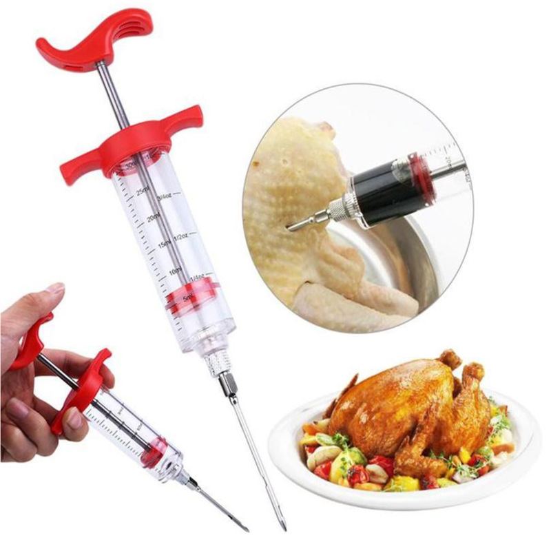 Stainless Steel Turkey Needles Spice Syringe Marinade Injector Flavor Syringe Cooking Meat Poultry Turkey Chicken BBQ Tool