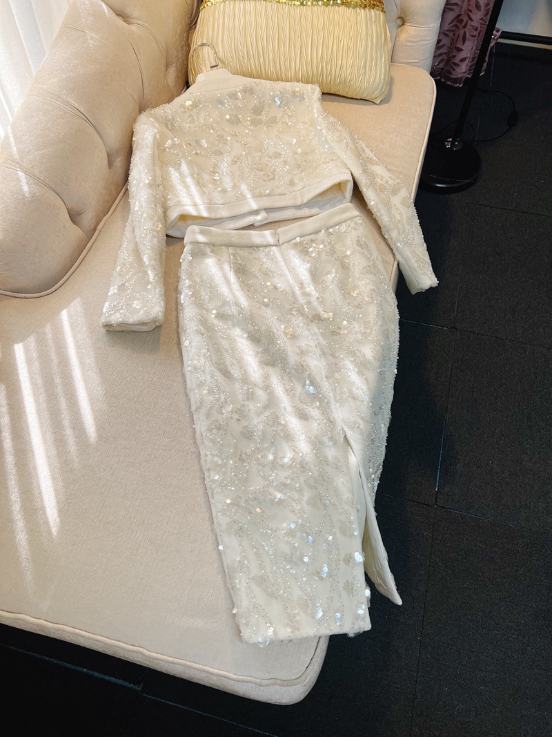 2023 Autumn Ivory Beaded Elegant Two Piece Dress Sets Long Sleeve Round Neck Woolen Coat & Sequins Split Mid-Calf Skirt Suits Set Two Piece Suits J3L1213911171