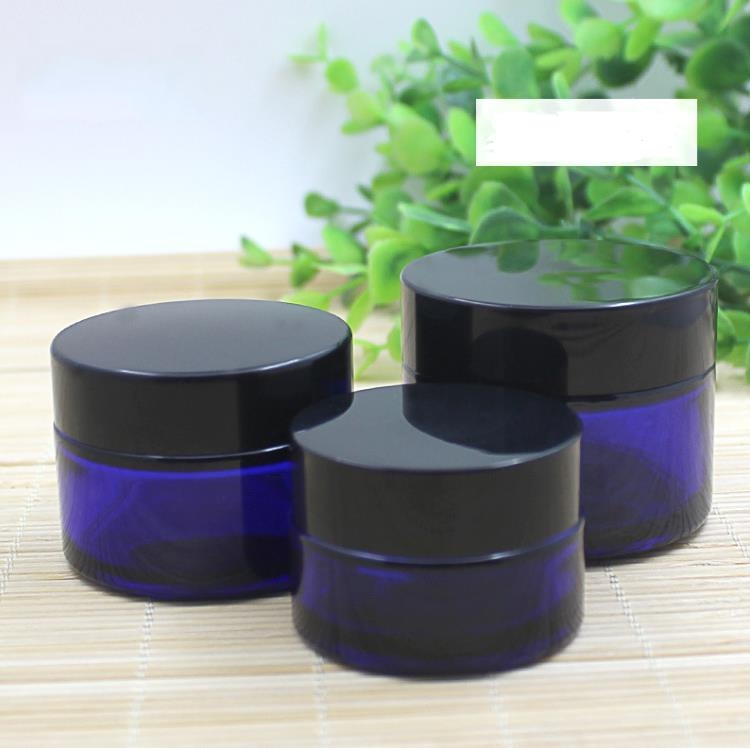 15 30 50ML Cobalt Blue Cosmetische ronde glazen crèmepotten met binnenvoeringen en zwarte deksels Containers voor aromatherapiebalsems Lotionscontainer SN4392