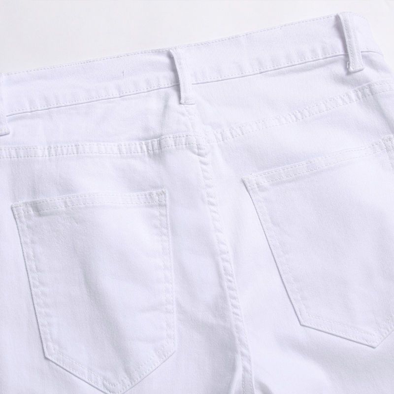 جديد تطريز أبيض مصمم الطبعة الكورية النحيف فلاط جينز العلامة التجارية المكسورة ثقب مرن متعدد الاستخدامات عالي الخصر هارلان ستريت