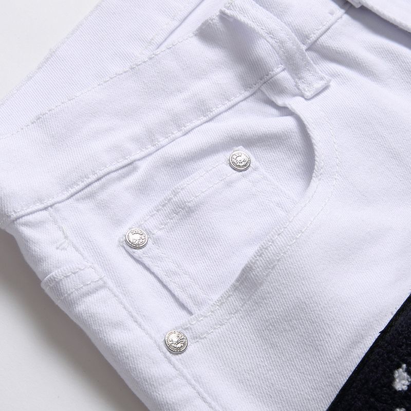 Nieuwe witte geborduurde Koreaanse editie Designer slim fit jeans Modemerk Broken Hole Elastische veelzijdige hoge taille Harlan Street-broek