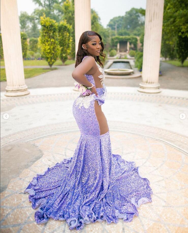 Lila Lavanda Sirena Aso Ebi Vestidos para ocasiones de noche Cuello transparente Gillter Lentejuelas con cuentas Chica negra Pareja Vestido de fiesta