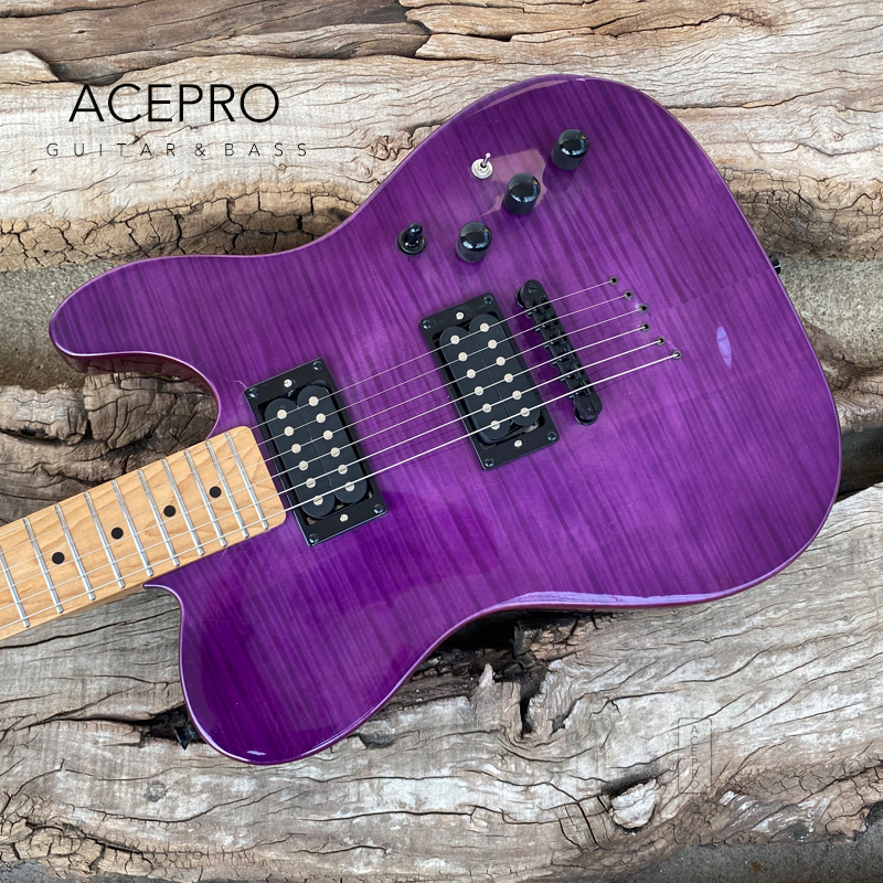 Acepro Purple Electricギターステンレススチールフレット2ピースマホガニーボディ+炎メープルトップローストメープルネックブラックハードウェア