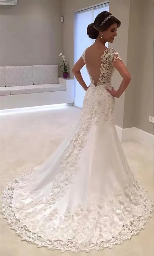 Sexy Off Shoulder Long Sleeves Lace Mermaid Wedding Dresses With Detachable Train Luxury Applique Beaded Dubai Bridal Gowns