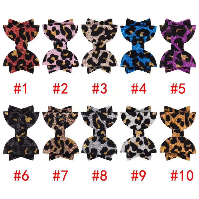 Småbarn glitter paljetter bågar hårklipp söt leopard tryck bowknot bangs hårnål baby flickor huvudkläder kläder dekoration