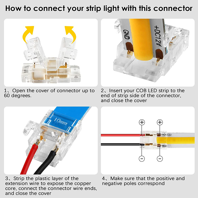 2pin 5mm 8mm 10mm COB LED şeritten LED konnektörler şeritten kablo bağlantısına 5mm 8mm 10mm COB LED şerit ışıkları için lehimsiz uzantı