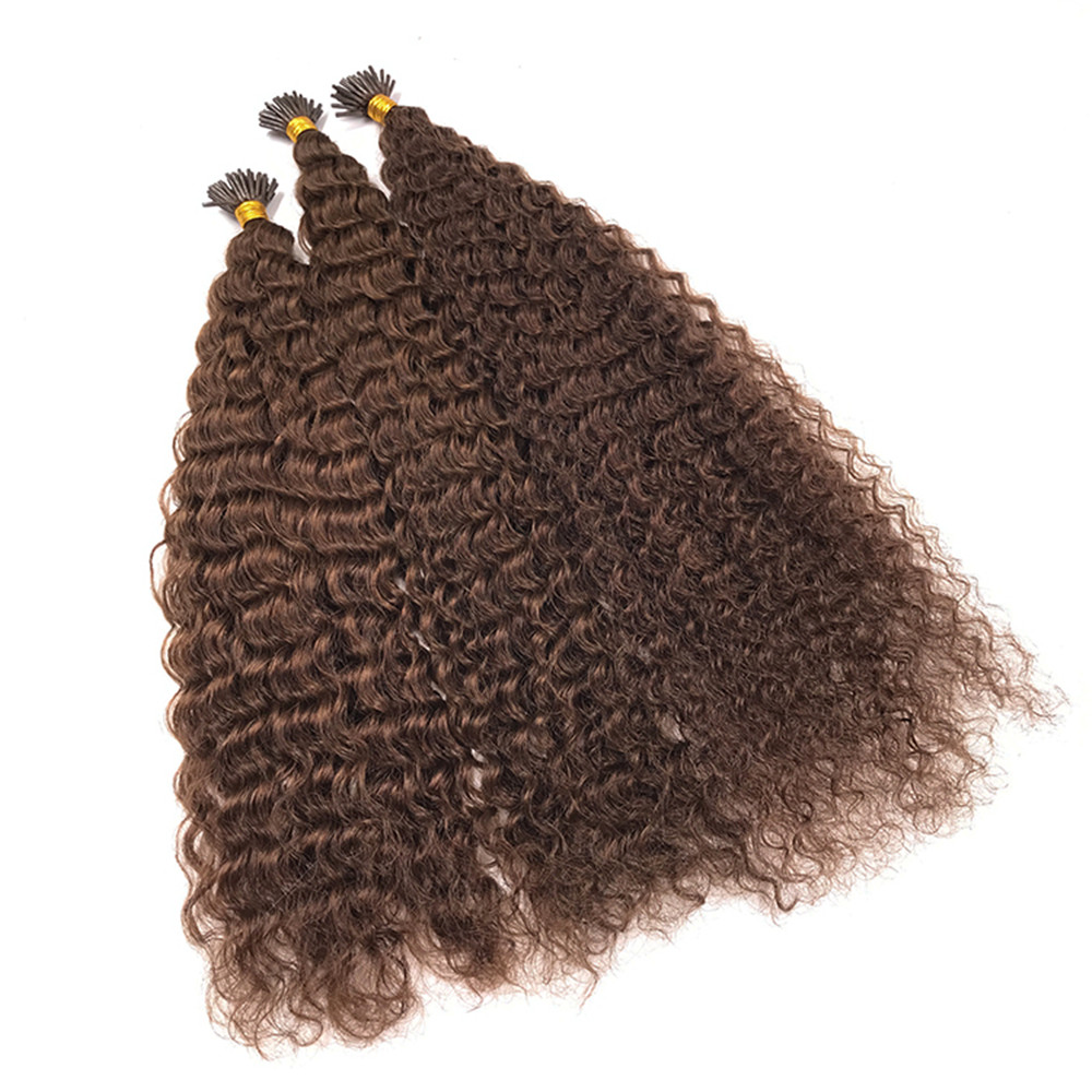 Extension de cheveux bouclés brun foncé I Tip Remy Kinky Curly Microlinks Extensions de cheveux Itip pré-collées 100g