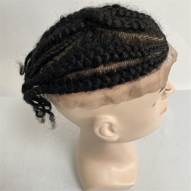 100% real Indian Virgin Menselijk Haar Haarstukje Wortel Afro Maïs Vlechten 1B # Natuurlijke Zwarte Kleur 8x10 toupetje Full Lace Unit voor Blackman